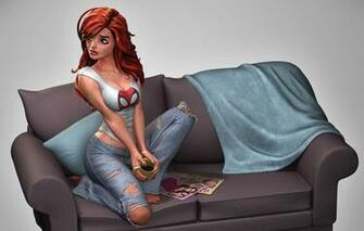 Wallpaper Girl Rendering Sofa Graphics Jeans Mike Red