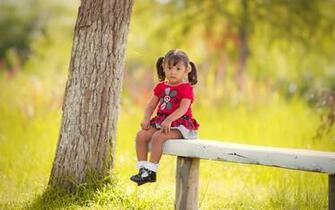 Cute Little Baby Girl On Bench With Red Dress HD Wallpaper X