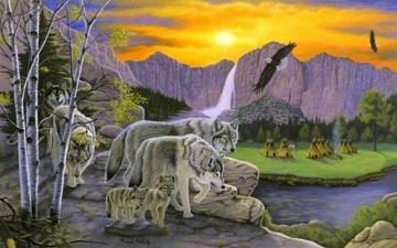 Peaks Wolves Eagle Tipi Sunset Wallpaper