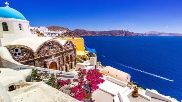 Flower Greece House Man Made Santorini Sea White 4k