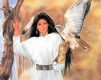 Native American Woman Holding Falcon Computer Wallpaper Desktop