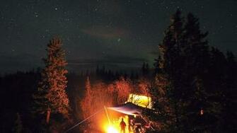 Trees Stars Fire Tents Camping Tent Wallpaper