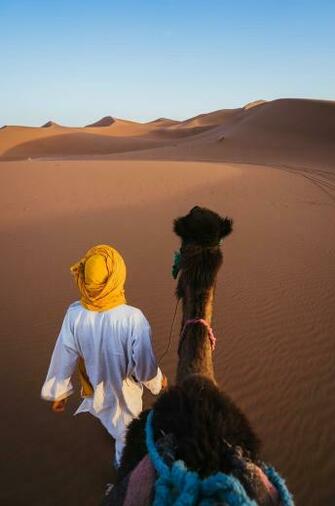 HD Wallpaper Man Walking On Desert With Camel Wearing Yellow