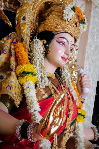 Woman In Gold And Red Sari Dress Photo Statue Image