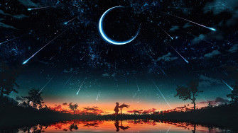 Sunset Starry Night Sky Moon Stars Anime Scenery 4k