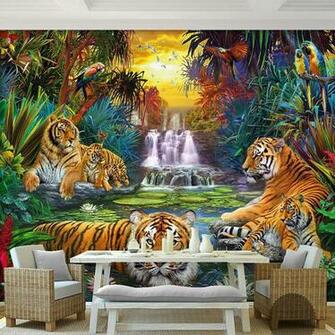 Custom Photo Wall Paper Original Forest Waterfall Tigers Animal 3d