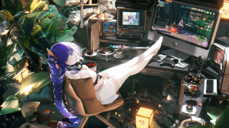 Gamer Anime Girl Desktop Setup 4k Phone iPhone Wallpaper 384a
