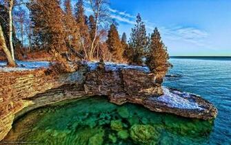 Wallpaper Lake Michigan Rocks Trees Coast Desktop