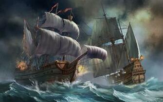 Pirate Ship Battle Wallpaper War Ocean Waves