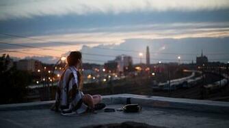 Girl Night Roof Sits City Street Lights Wallpaper Girls