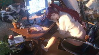 Anime Girl Sleeping Drawing Computer Cats HD 4k Wallpaper