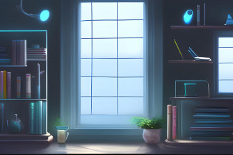 Desktop Shelf With Lighting Effect Wallpaper Ai