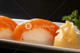Sake Nigiri Sushi With Raw Salmon On Black Background Royalty