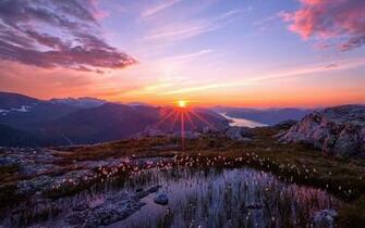 Wallpaper Landscape Mountains Sunset Clouds Flowers Desktop