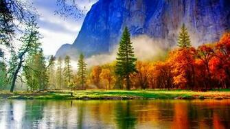 Landscape Autumn Colored Trees Lake Mountagne River Green