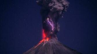 Nature Landscape Volcano Lava Smoke Lightning Night Stars