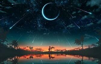 Wallpaper Girl Sunset Nature Pond Fantasy Crescent Starfall