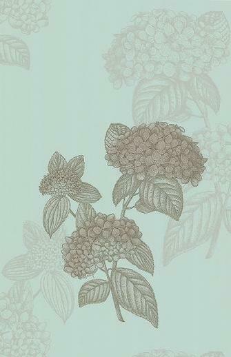 Wallpaper Hydrangea Print In Metallic Silver And Grey On A Turquoise