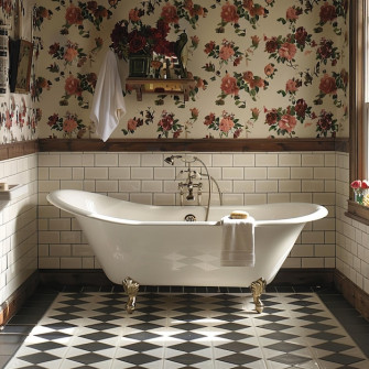 A Bathtub Is In Bathroom With Floral Wallpaper On The Wall