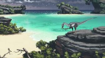 A Coelophysis On Rock Ledge Near The Beautiful Coastline