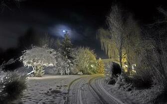 Winter Night Road Background Wallpaper