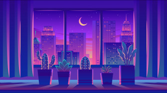 Room Wallpaper 4k Cityscape Plants Crescent Moon