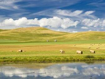 Hay Bales Field Stream Clouds Desktop Pc And Mac Wallpaper