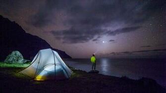 Man Camp Forest Night Stars Galaxy Resolution