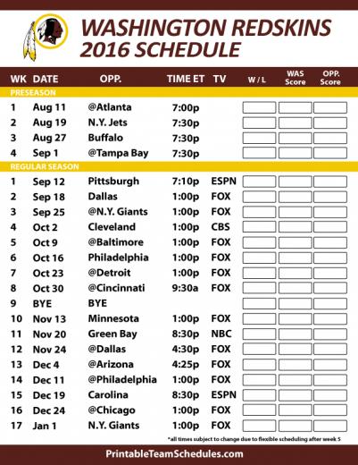 Washington Redskins Schedule Printable