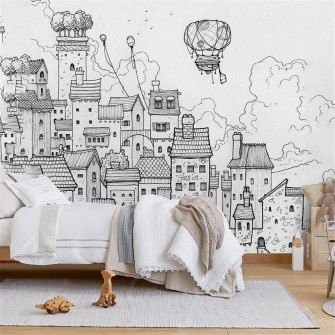 Custom Wallpaper Mural Black And White Cartoon Houses Bvm Home