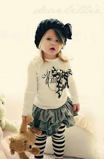 Image Of Little Girl Outfit Striped Leggings Ruffle Skirt Long Sleeve