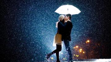 HD Wallpaper Umbrella Snowfall Kiss Young