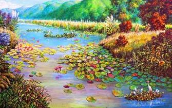 Plants River Lily Pads Birds Wallpaper