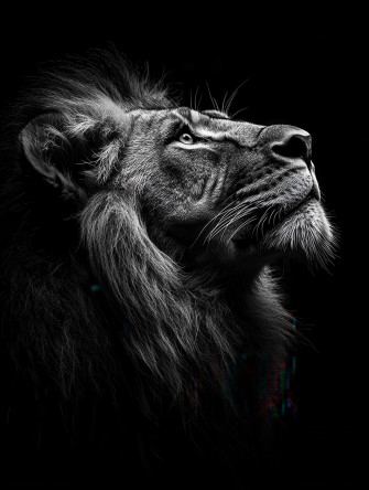 Black And White Portrait Of A Lion Illuminated Against Dark Wallpaper