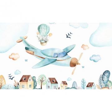 Gk Wall Design Cartoon Village Watercolor Airplane And Hot Air