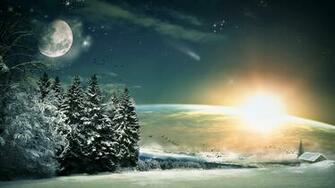 Snow Sun Trees Stars Wood Birds Moon Fir Descent Wallpaper Background