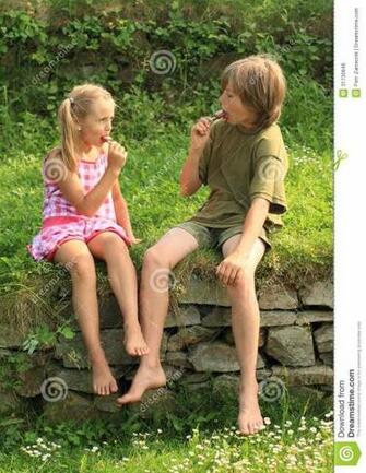 Boy Barefoot Girl In Pink And