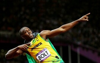 Athletes Celebration Usain Bolt Posed Arms Raised Winning Olympics