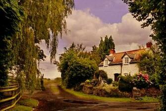 Rainy Day Clouds English Cottage Fence Flowers House Rain Road