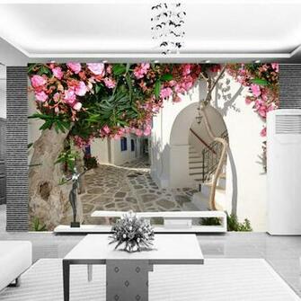 Santorini Flowers Town Wallpaper Custom 3d Photo Natural