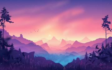 Digital Art Horizon Mountains Forest Pinkish