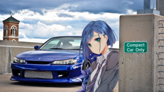 Caption Anime Girl With Stylish Blue Jdm Car Wallpaper