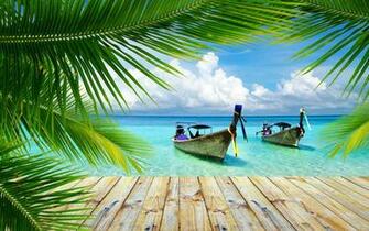 Thailand Wooden Walkway Palm Leaves Clouds Tropical Beautiful