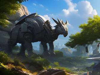 Hursty Triceratops With Futuristic Armour In A City