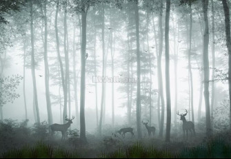 Dark Misty Forest With Horned Deer Wallpaper Mural Fond D Cran