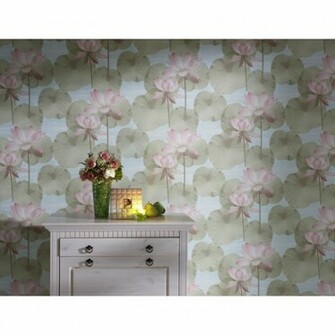 Aqua Relief Lily Pad Green Peach Washable Wallpaper By Rasch
