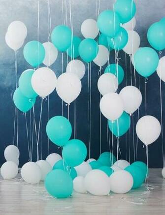 White Baby Blue Balloons Before Dark Background Backdrop