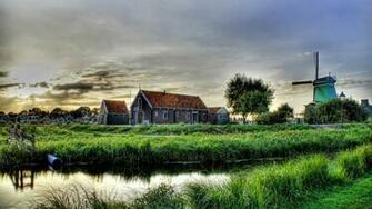Clouds Cottage Greenfield Tubewell Windmill Waterstream Wallpaper