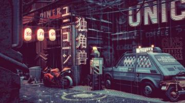 Japan Pixel Art Urban Rain Fiat 126p Motorcycle