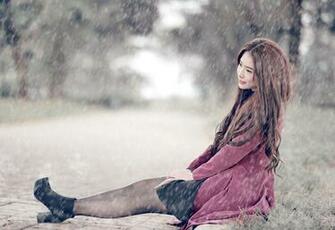 Wallpaper Brown Haired Girls Rain Asiatic Sit